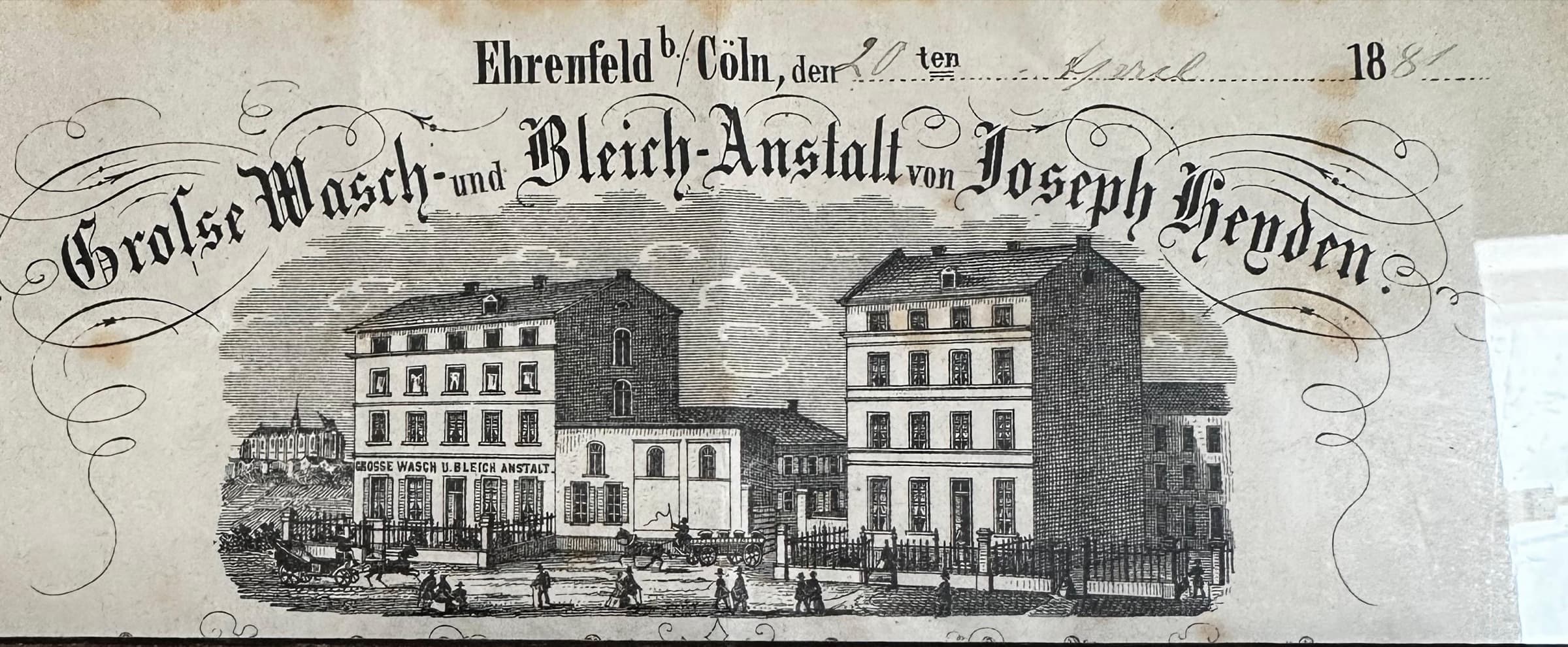 Historischer Briefkopf-Stich der „Großen Wasch- und Bleich-Anstalt von Joseph Heyden“, Ehrenfeld bei Köln, um 1881